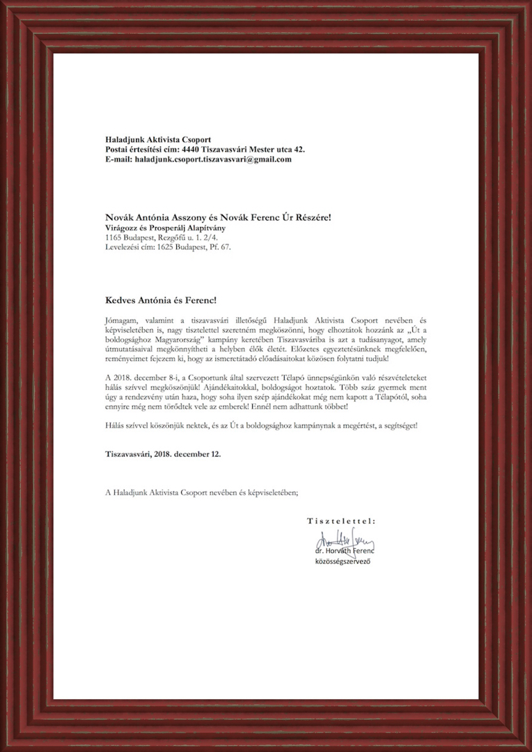 Az út a boldgosághoz Köszönő levél Virágozz és Prosperálj Alapítvány köszönő levél